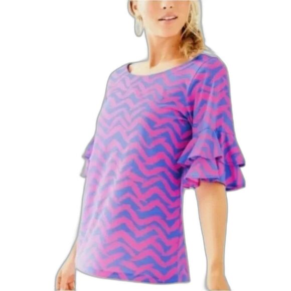 Lilly Pulitzer Tops - Lilly Pulitzer Lula Top Size Medium Pink & Blue Ruffle Sleeve Got Lucky Print
